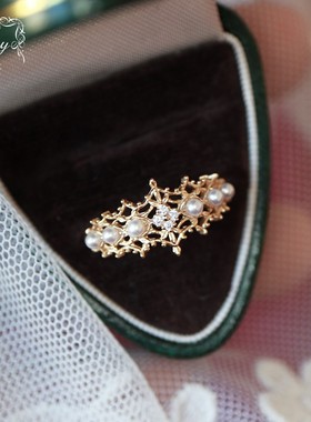 日系春季限定nojes*同款珍珠镂空印花V花边锆石宫廷戒指925银镀金