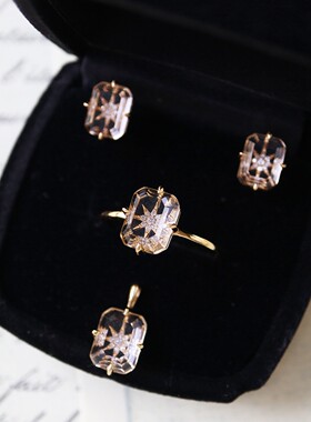 日系SJ圣诞限定天然白水晶星芒方块复古个性戒指/项链/耳环s925银