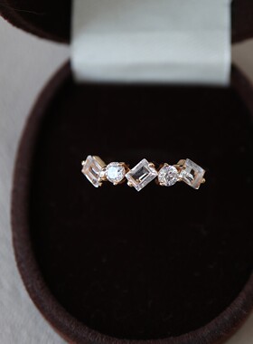 日系小众风格女士复古天然白色托帕石方块戒指S925纯银镀金饰品