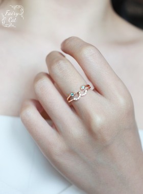 猫猫集美。甜美闺蜜姐妹戒指蓝色锆石猫咪925纯银镀金指环清新