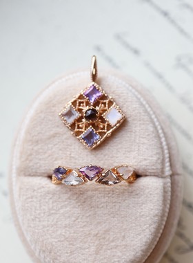 日系A家同款小众天然拉长石/紫水晶戒指s925银镀金复古宫廷风指环