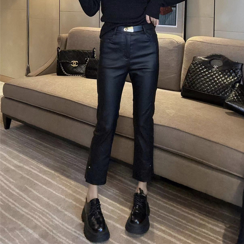 2025秋季新款涂层皮裤女侧开叉铆钉直筒九分烟管裤靴裤休闲裤女,淘宝优惠券,粉丝福利购,淘宝优惠卷