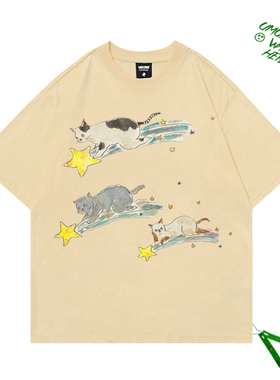 2025夏季心里梦幻可爱插画骑星星的猫卡通印花oversize短袖T恤