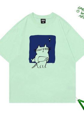 韩系小众卡通看星星的猫咪oversize男女同款简约宽松短袖T恤ins