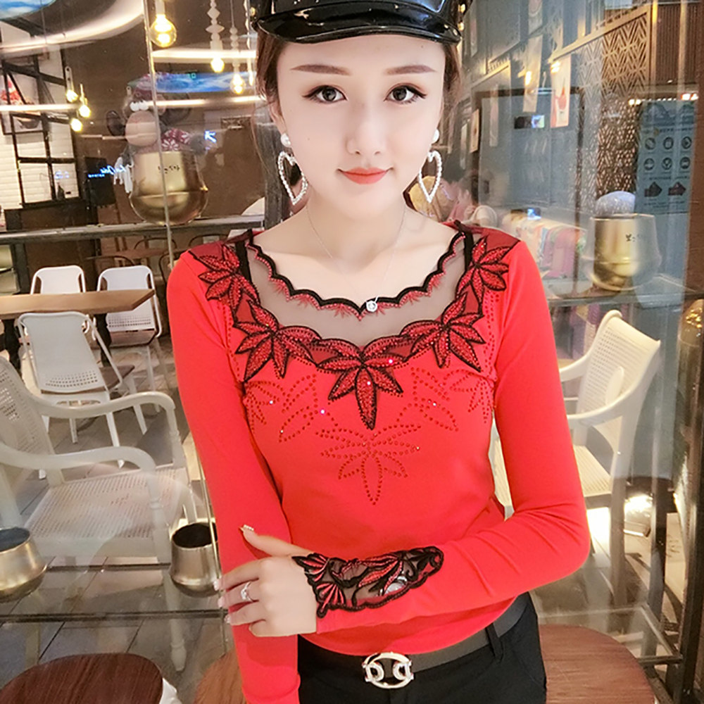 蕾丝低领修身洋气2020春秋新款小衫 承裳韩T恤