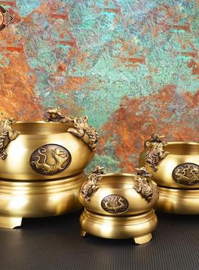 宏达全黄铜四方来财聚宝盆玄关装饰品铜盆金蟾铜器摆件