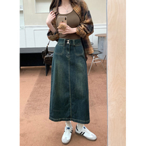 American Retro Denim Half Body Skirt Woman Early Spring High Waist Open Fork Half Skirt Small Sub A Dress Bag Hip Skirt Long Skirt