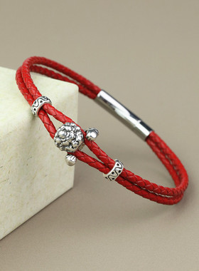 递福情侣牛皮纯银中国风原创手链