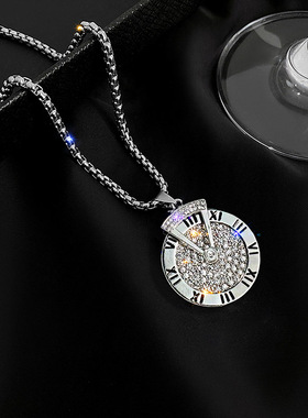 钛钢罗马数字毛衣链时来运转长款项链男嘻哈百搭可转动吊坠70CM