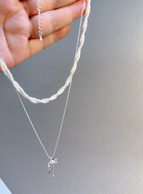 波西米亚风手工编织珍珠蝴蝶结双层叠戴项链女简约百搭链条设计感