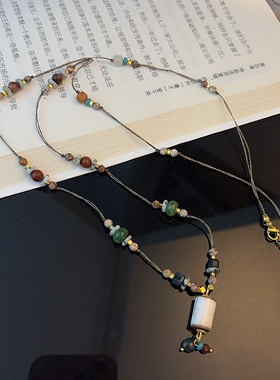 中式复古天然石手工串珠项链女多彩长款毛衣链高级感气质
