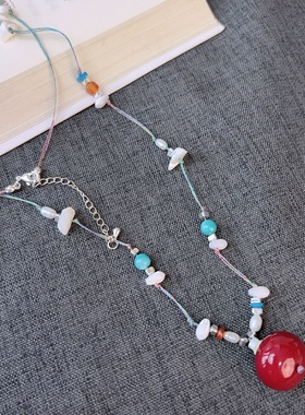 复古多层彩色珠子项链女红色珠珠吊坠毛衣链气质项饰