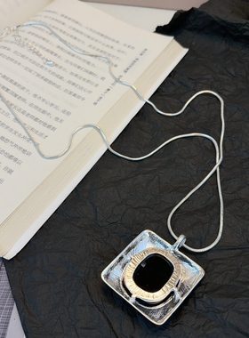 欧美复古方形黑色吊坠项链女银色金属链条简约小众高级感饰品