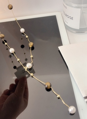 韩国ins虎眼石珍珠拼色Y形项链毛衣链气质