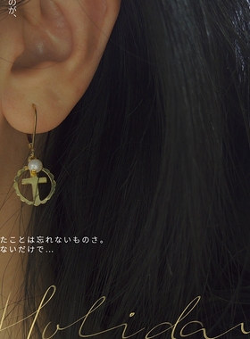 du家货源~美国进口14k包金花边十字架珍珠锁骨链女项链~不掉色