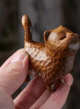 可爱猫雕刻摆件绿檀崖柏小傲娇