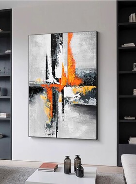 油画客厅挂画纯手绘立体肌理黑白灰橙色玄关沙发落地大芬村装饰画