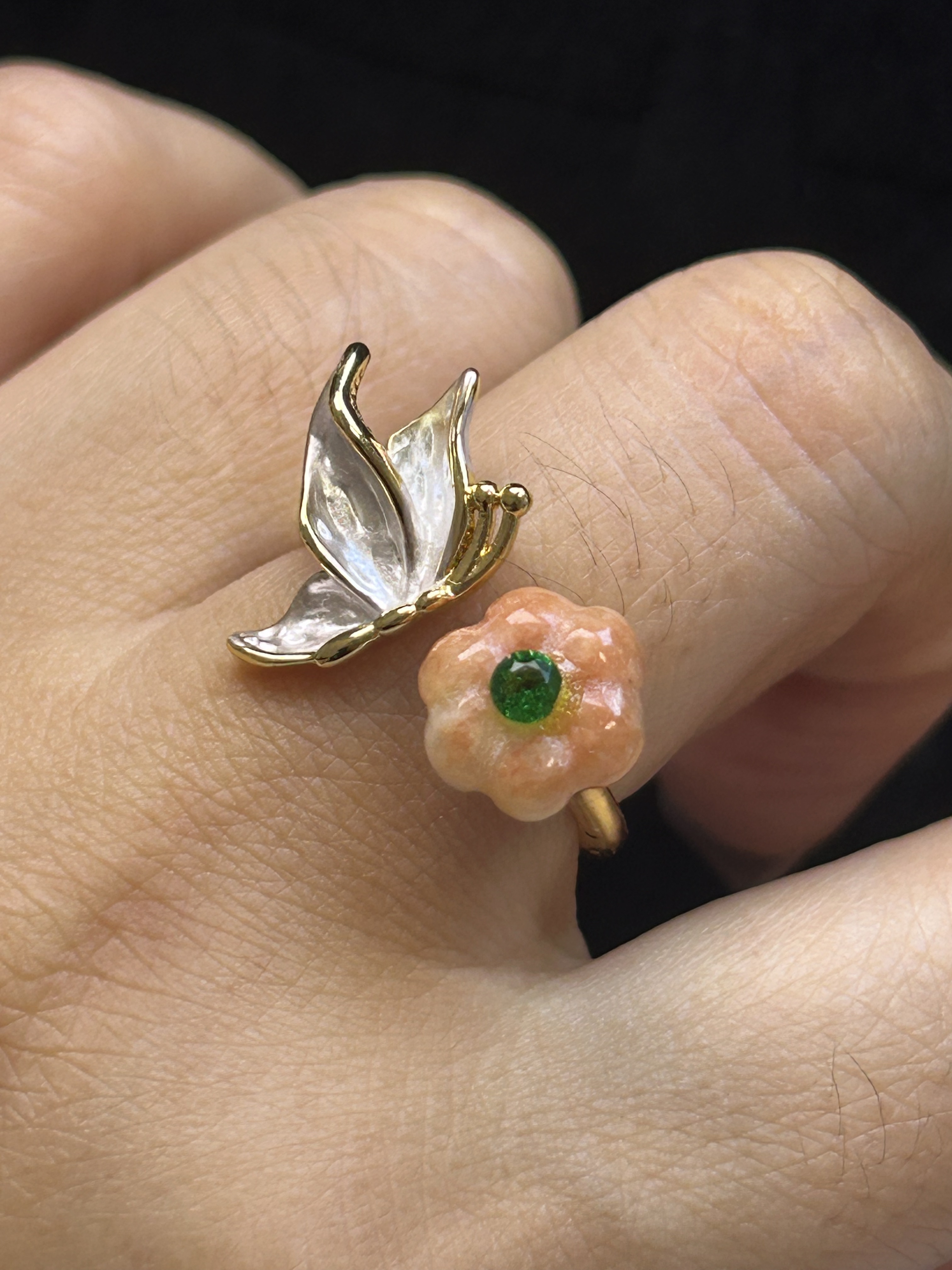 Retro flower ring women's niche personality opening adjustable Myanmar A-grade jade butterfly love flower ring 814123