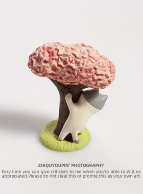 樱花树下躲猫猫摆件可爱小猫咪日式兔子车载车内装饰仿真微景观女