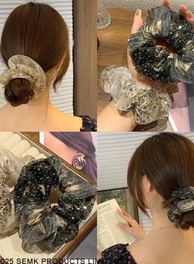 2026新款双层法式温柔气质头绳秋冬新品女超闪镶钻印花薄纱发圈
