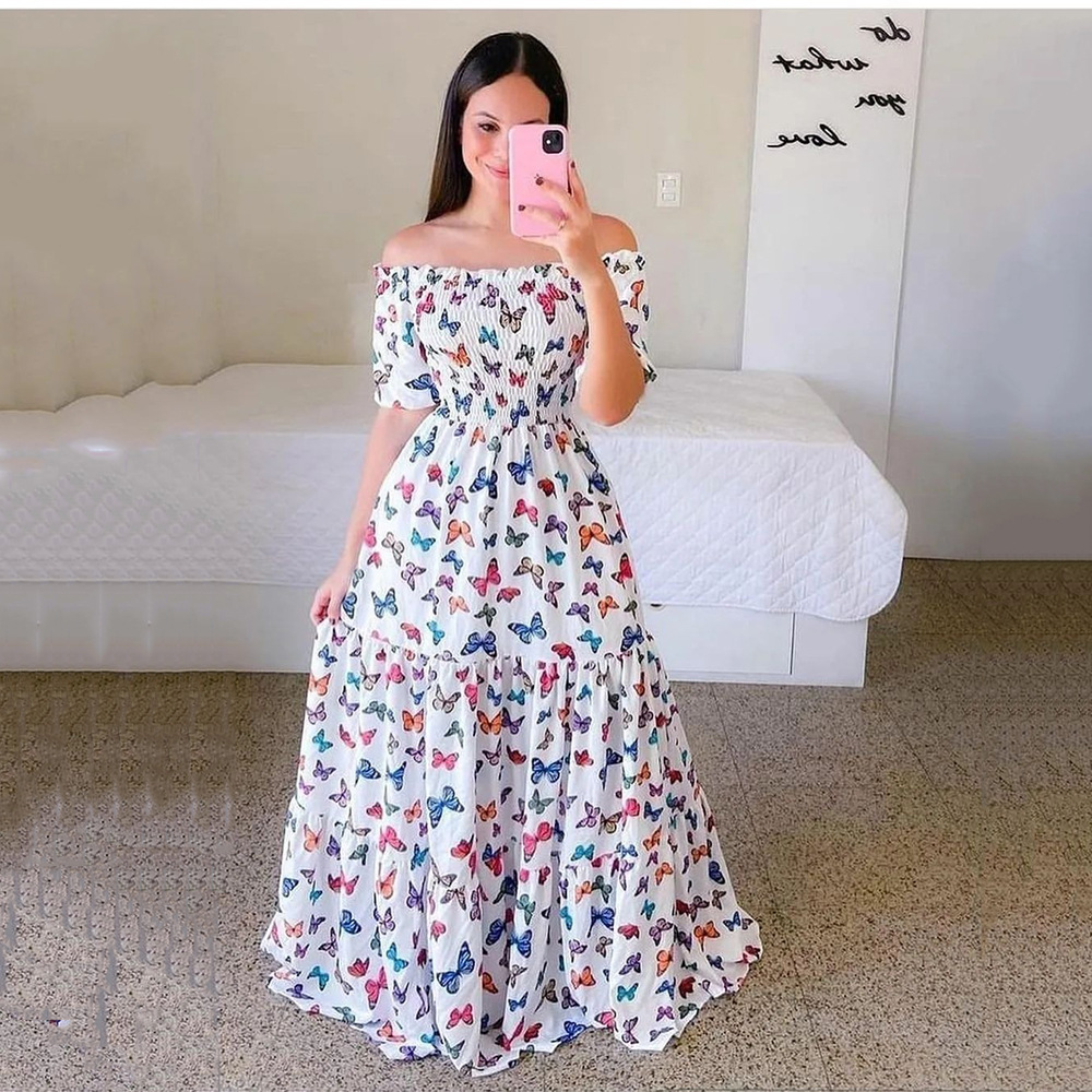 2023 Women's floral fashion off shoulder long printed skirt - 图0