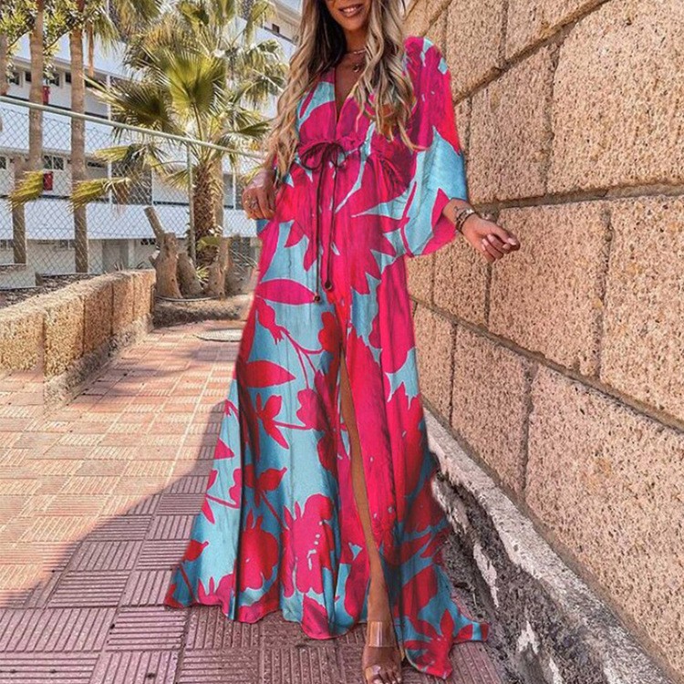 2023 Women's ins printed lace up large hem long dress - 图3