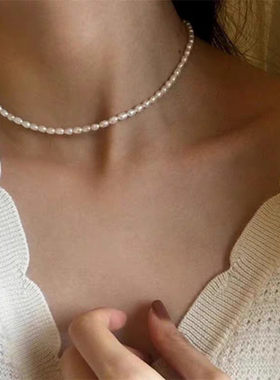 淬火年代张月林川同款单层仿珍珠项链小众锁骨链椭圆珍珠钛钢颈链