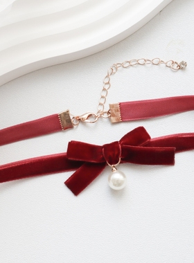 圣诞节酒红色复古丝绒蝴蝶结珍珠项链女锁骨链颈链配饰choker