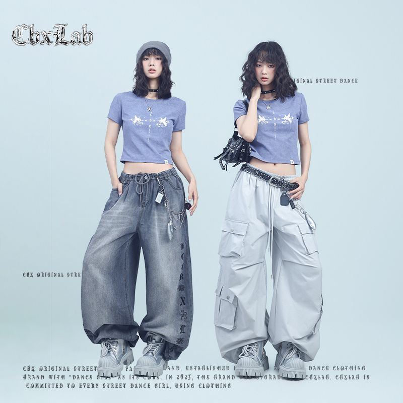 CBXLAB街舞潮牌晕染做旧正肩显瘦修身短袖水洗辣妹复古轻亚上衣女 - 图0