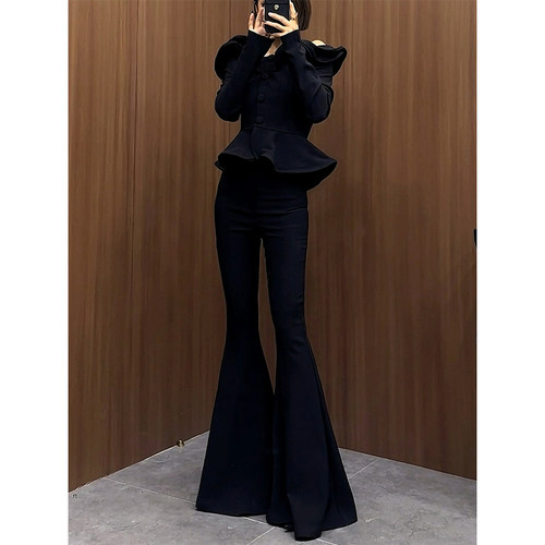 喇叭裤女秋冬加绒加厚黑色裤子高腰显瘦拖地裤垂感休闲长裤西装裤 - 图0