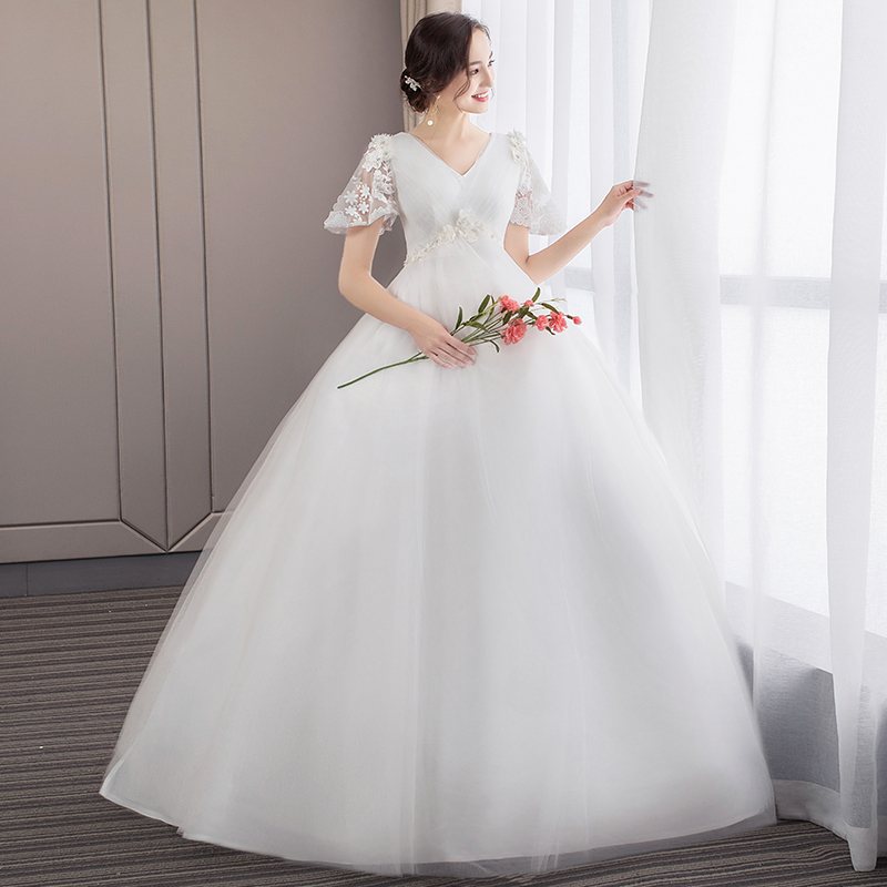 帕索娅旗舰店孕妇婚纱新款v领高腰遮孕肚大码显瘦胖mm齐地新娘结婚礼服秋1