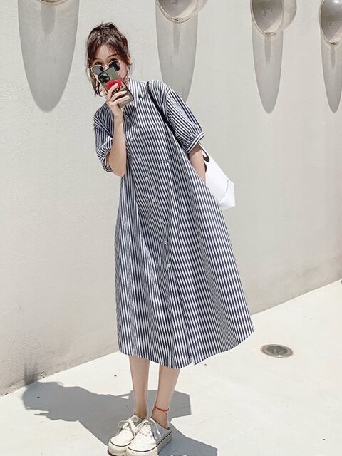 Striped polo collar shirt skirt for women in summer fat mm looking thin