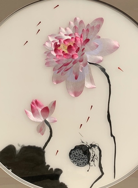 苏秀天地手工苏绣刺绣水墨荷花客厅玄关卧室书房床头装饰挂画刺绣