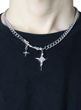 镶钻星芒十字架情侣项链
