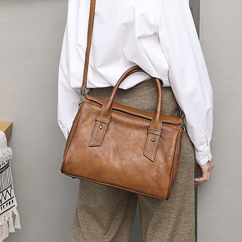 复古手工女大容量头层牛皮波士顿包 复美女士包袋