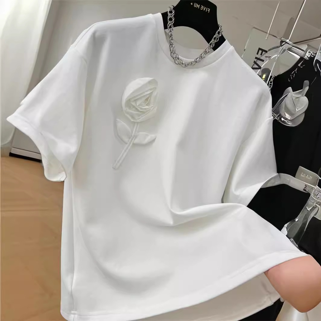 3D Flower Pure Cotton T-shirt Top 重工立体花朵纯棉T恤上衣女 - 图2