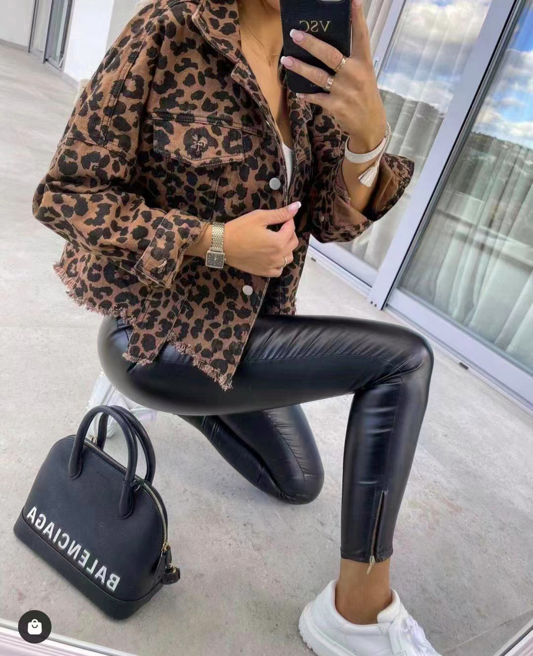 欧美2023秋豹纹牛仔外套 Leopard print denim jacket for women-图1