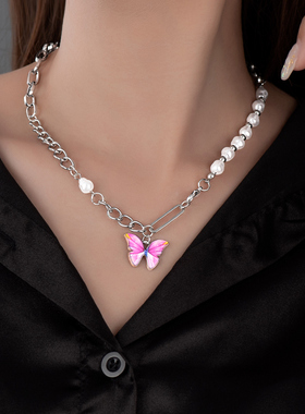 甜美多巴胺粉色立体碎冰蓝蝴蝶项链项圈彩色蓝色配饰贝珠锁骨链女