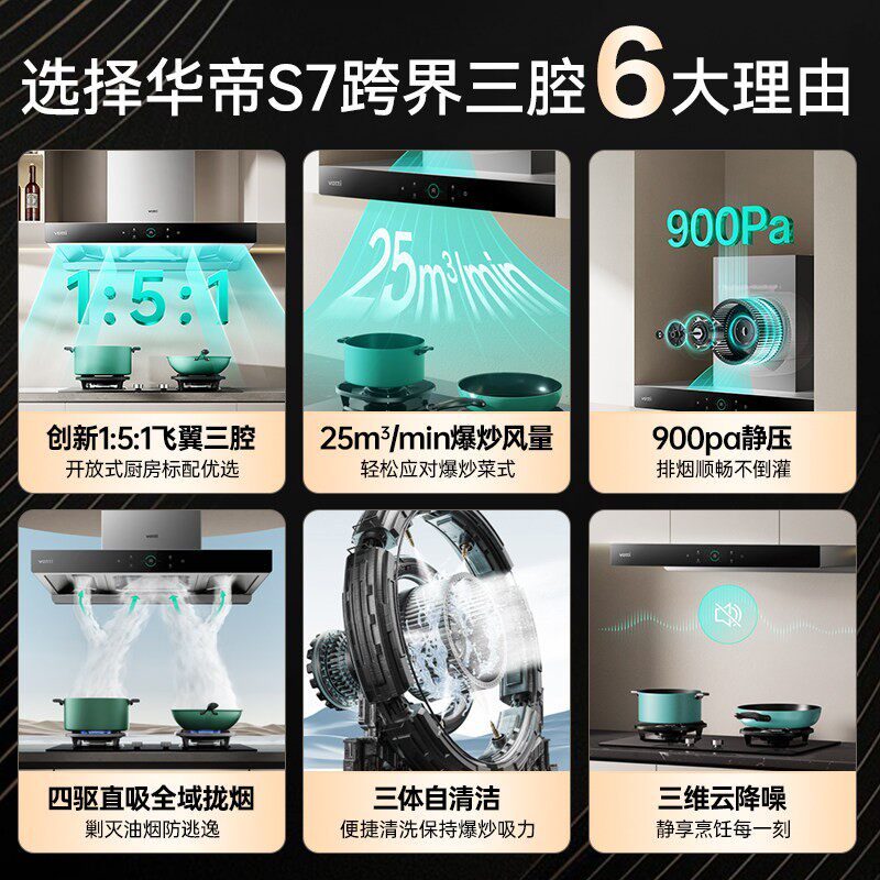 华帝三腔三吸S7抽油烟机大吸力自动洗家用厨房欧式顶吸烟机旗舰店