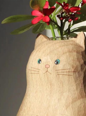 猫咪花瓶仿木雕小摆件创意日系手作猫猫花瓶办公摆件生日结婚礼物