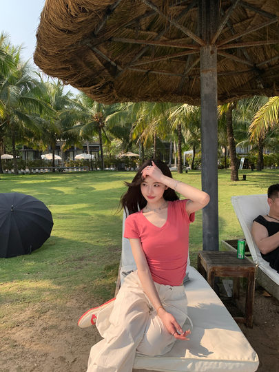 alex stevens多色正肩V领短袖T恤女夏季设计褶皱修身显瘦短款上衣