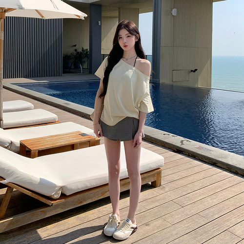 alex stevens美式高街一字肩斜肩短袖t恤女夏季纯色露肩上衣 - 图2
