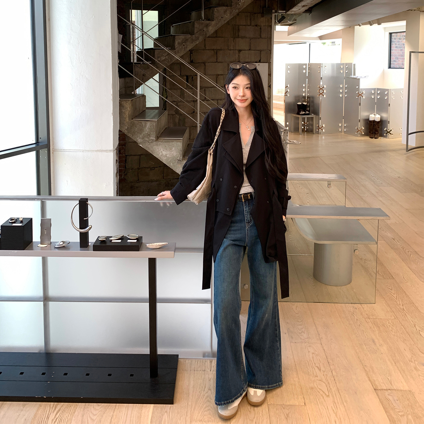 alex stevens复古蓝色微喇牛仔裤女冬季高腰显瘦阔腿裤喇叭长裤子 - 图0