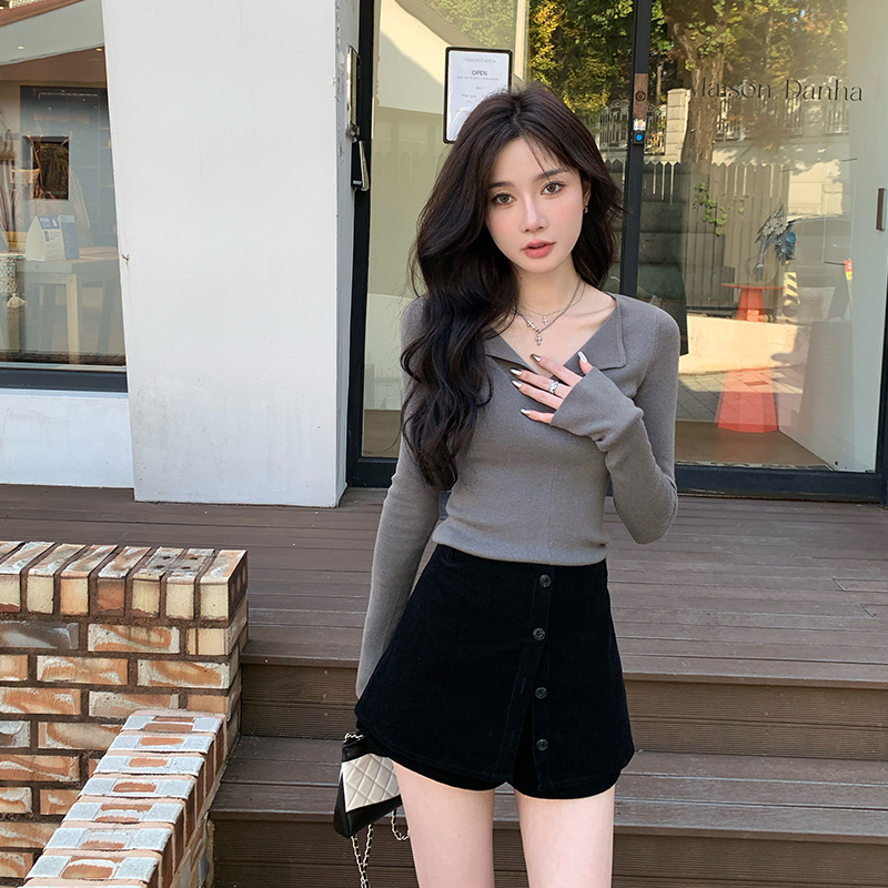 alex stevens翻领针织打底衫女25年秋季内搭v领修身长袖上衣 - 图3