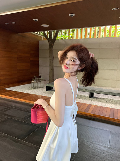 Alexstevens white square neck suspender dress feminine waist spring and summer slim skirt A-line skirt