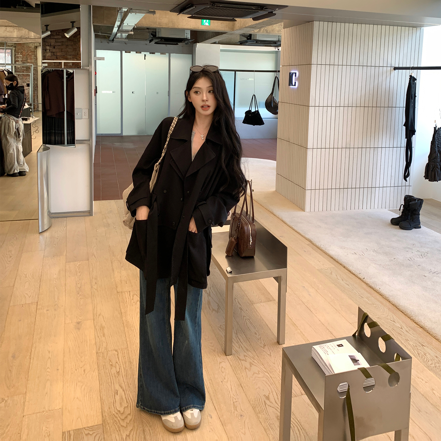 alex stevens复古蓝色微喇牛仔裤女冬季高腰显瘦阔腿裤喇叭长裤子 - 图3