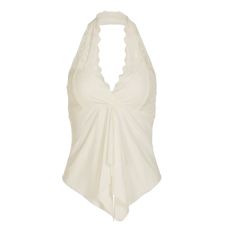 WEEKEEP 纯欲少女蕾丝拼接挂脖露背吊带背心设计感不规则A摆上衣,淘宝优惠券,粉丝福利购,淘宝优惠卷