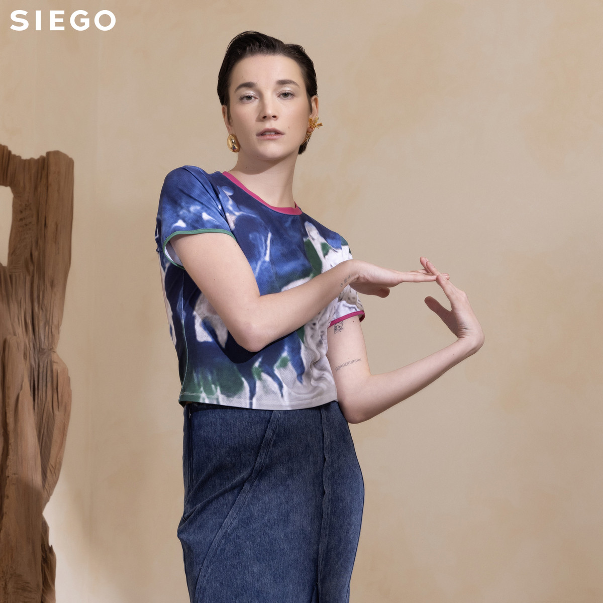 Siego西蔻截短款个性水墨印花撞色边短袖T恤64435208 - 图3