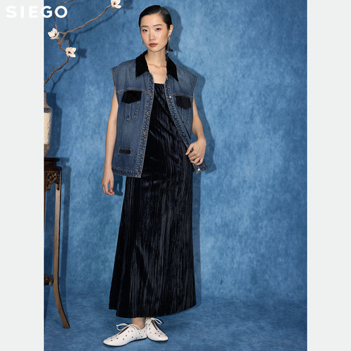 Siego西蔻绣花丝绒拼接牛仔马夹64526203 - 图2