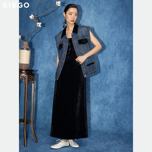 Siego西蔻绣花丝绒拼接牛仔马夹64526203 - 图3